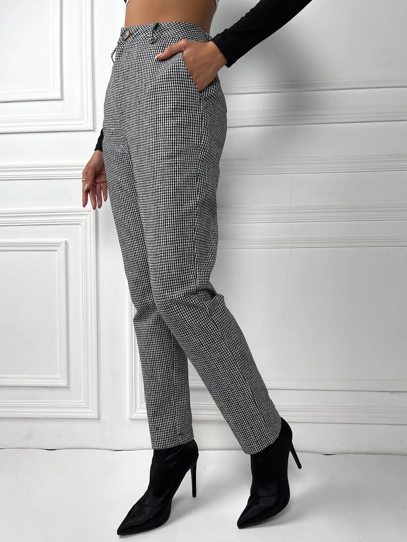 Elegant Gingham Zipper High Waist Long Women Pants