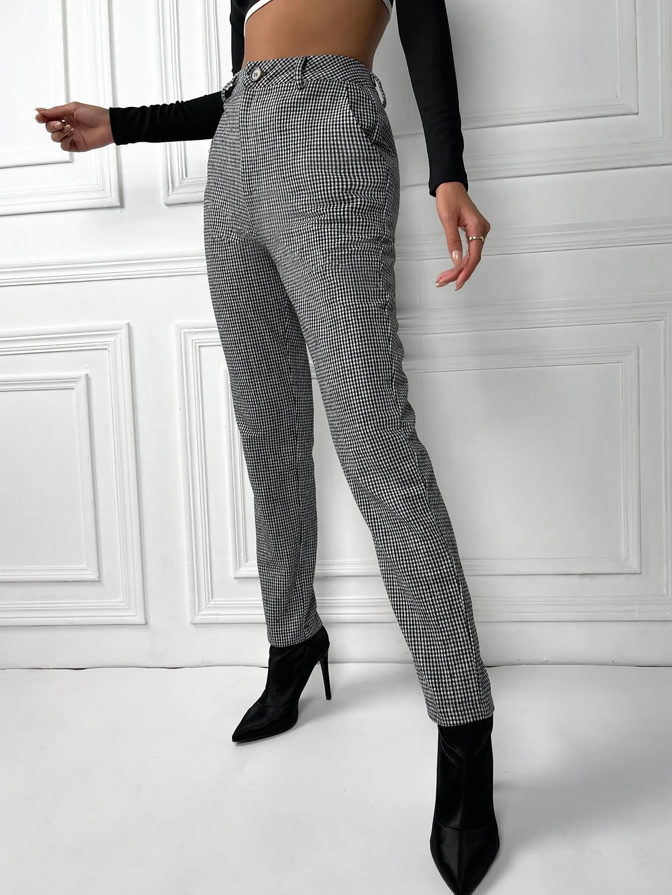 Elegant Gingham Zipper High Waist Long Women Pants