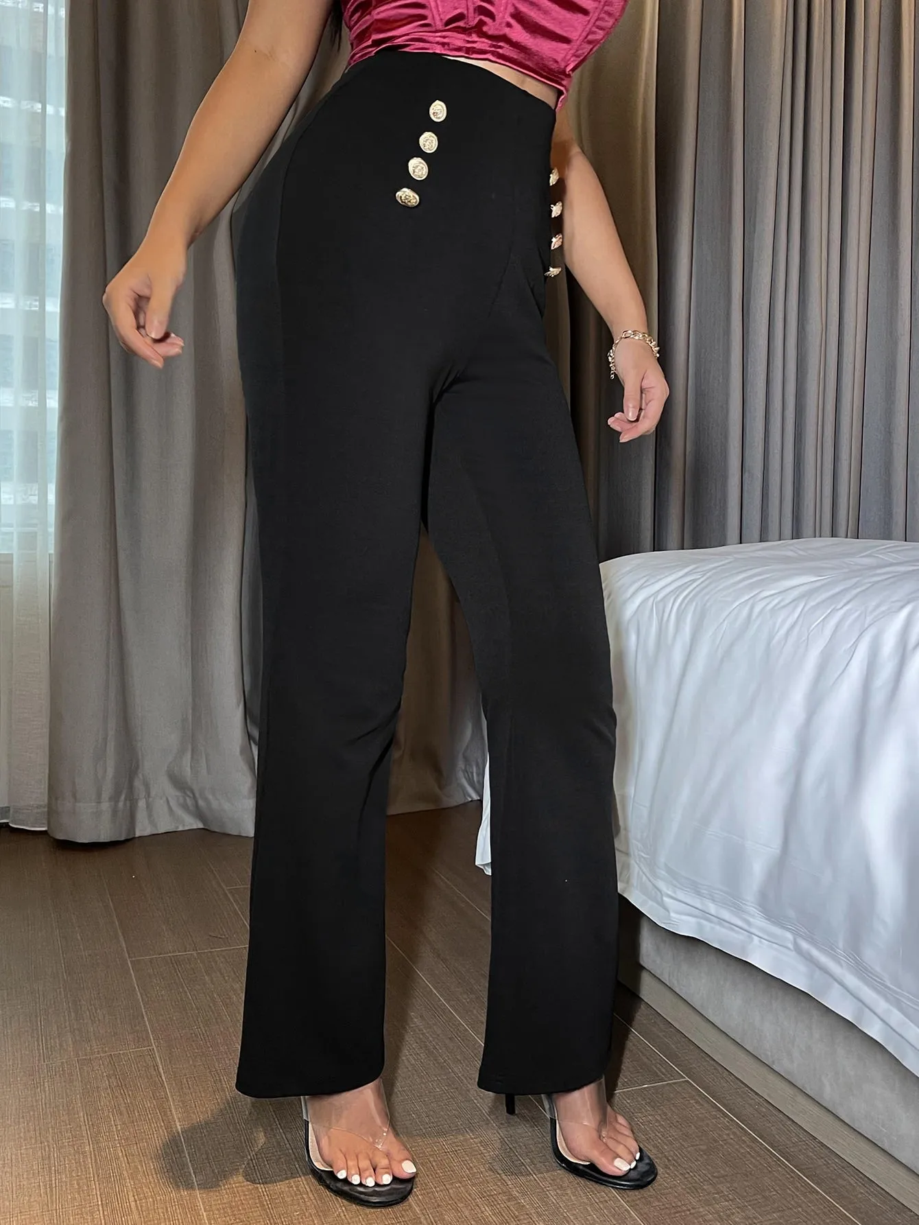 Elegant Plain Button High Waist Long Women Pants