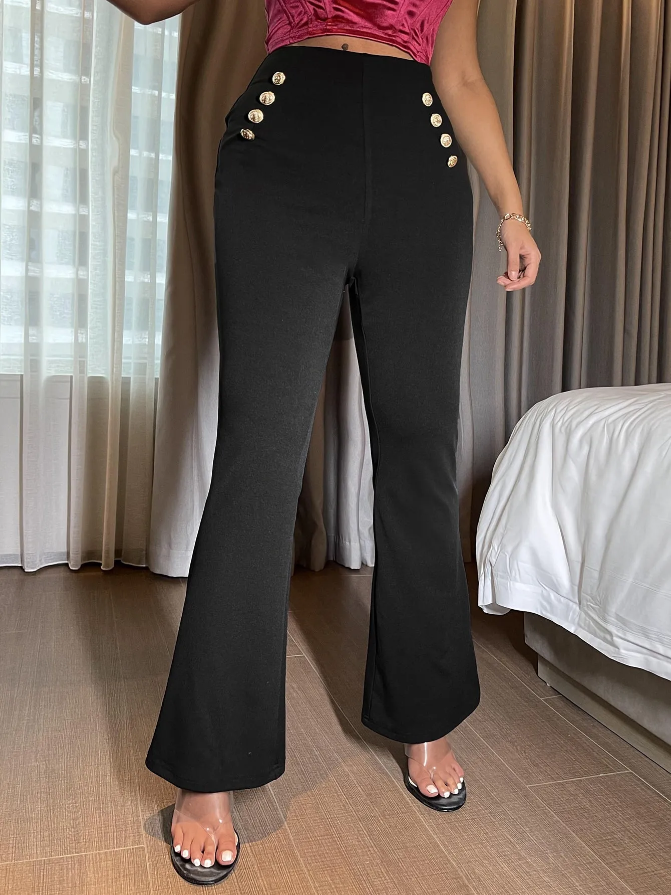 Elegant Plain Button High Waist Long Women Pants