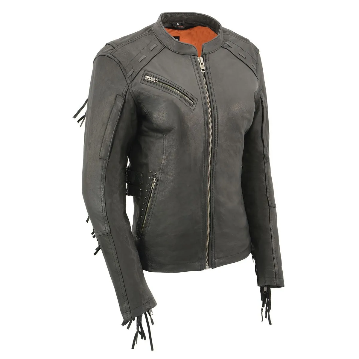 Fringed MLL2565 Women's Black Lightweight Leather Racer Motorcycle Jacket