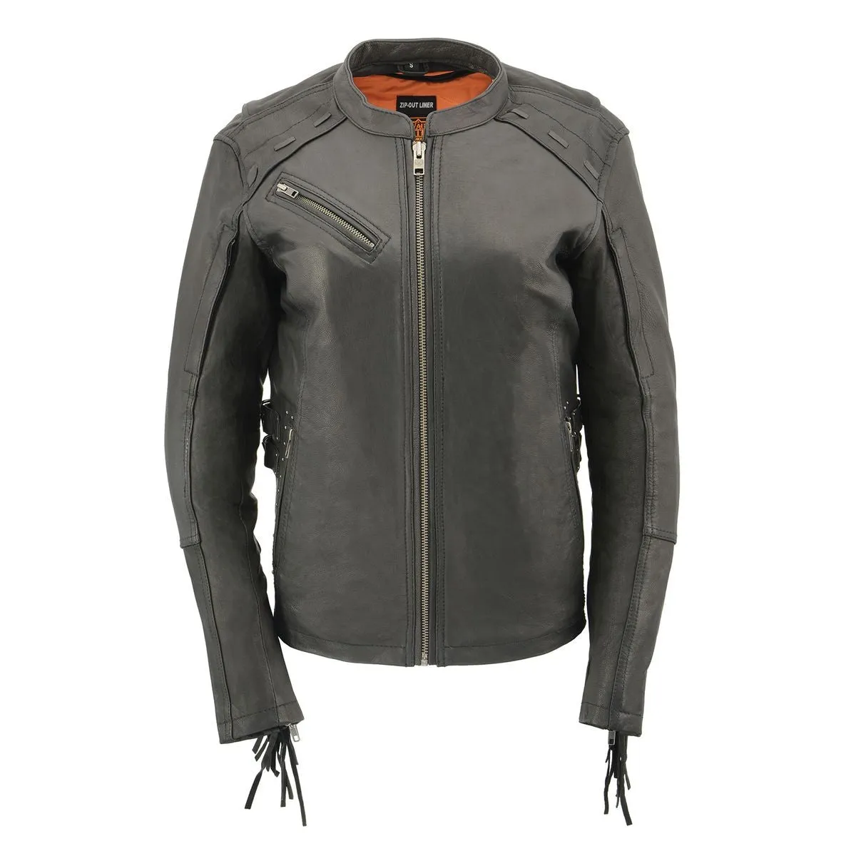 Fringed MLL2565 Women's Black Lightweight Leather Racer Motorcycle Jacket