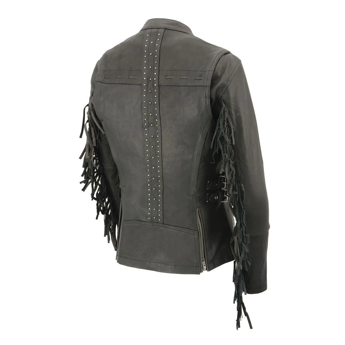 Fringed MLL2565 Women's Black Lightweight Leather Racer Motorcycle Jacket