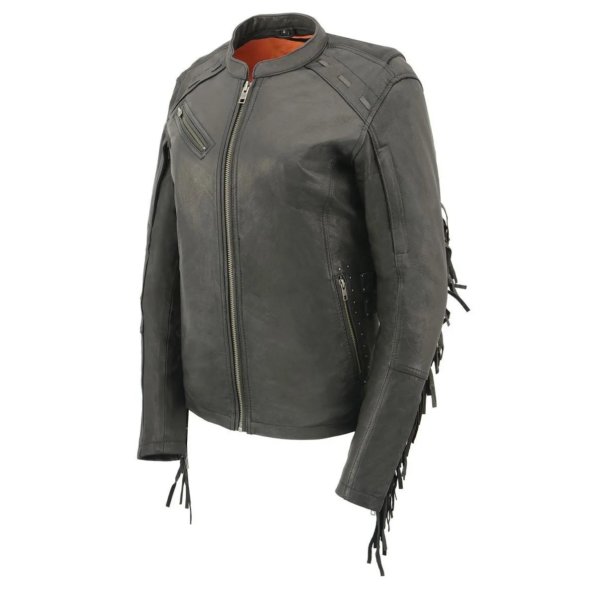 Fringed MLL2565 Women's Black Lightweight Leather Racer Motorcycle Jacket