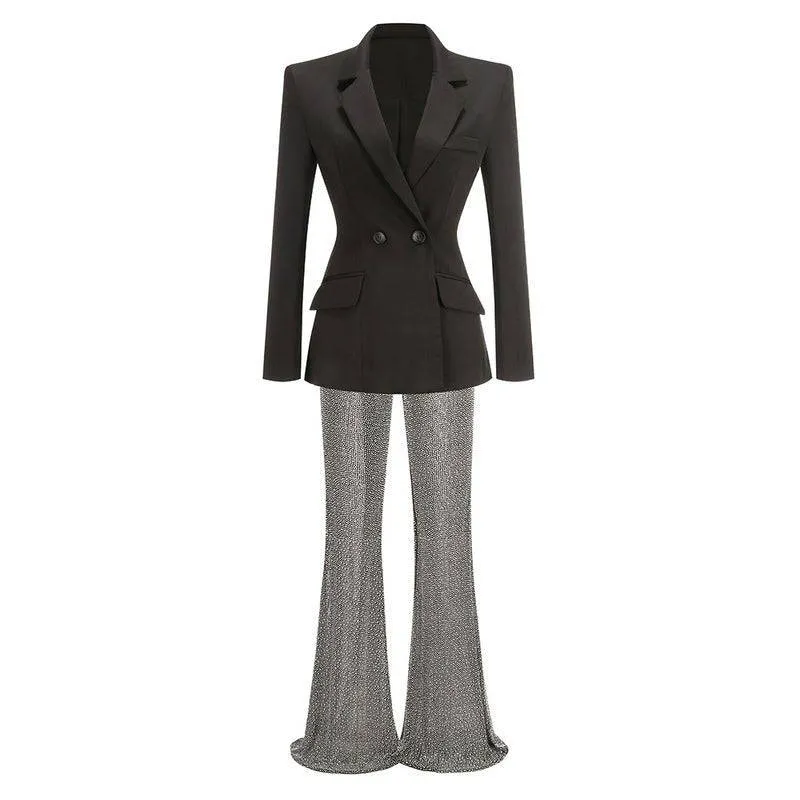 Helen V Neck Long Sleeve Rhinestone Suit