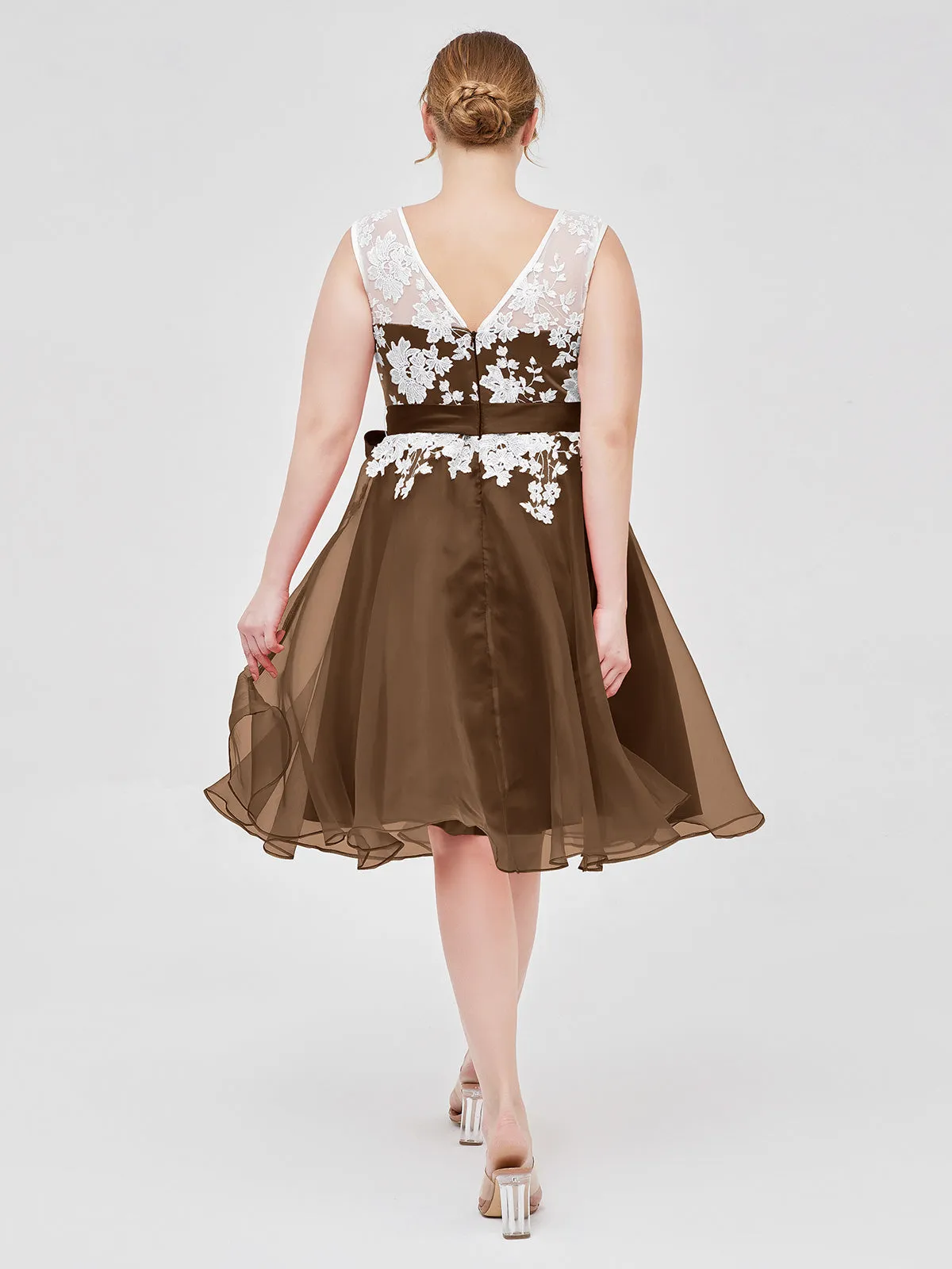 Illusion Neck Organza with Ivory Lace Appliqued Brown