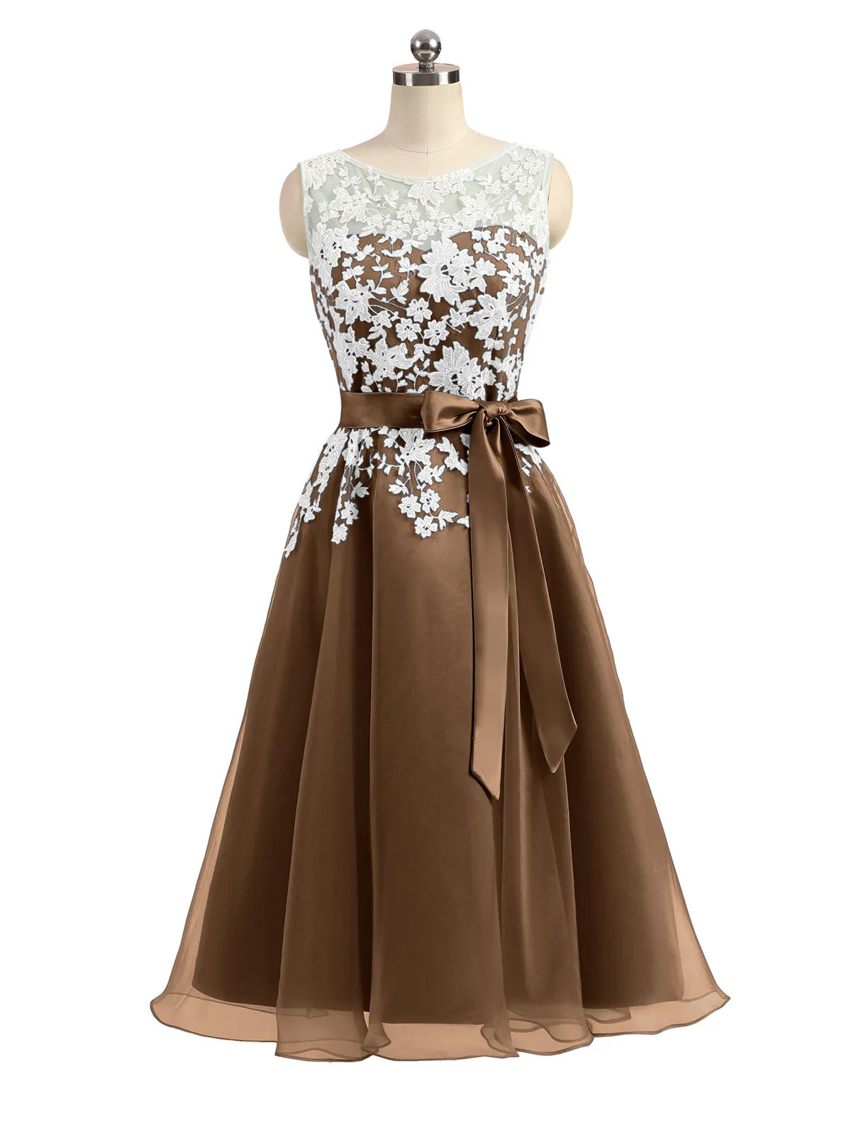 Illusion Neck Organza with Ivory Lace Appliqued Brown