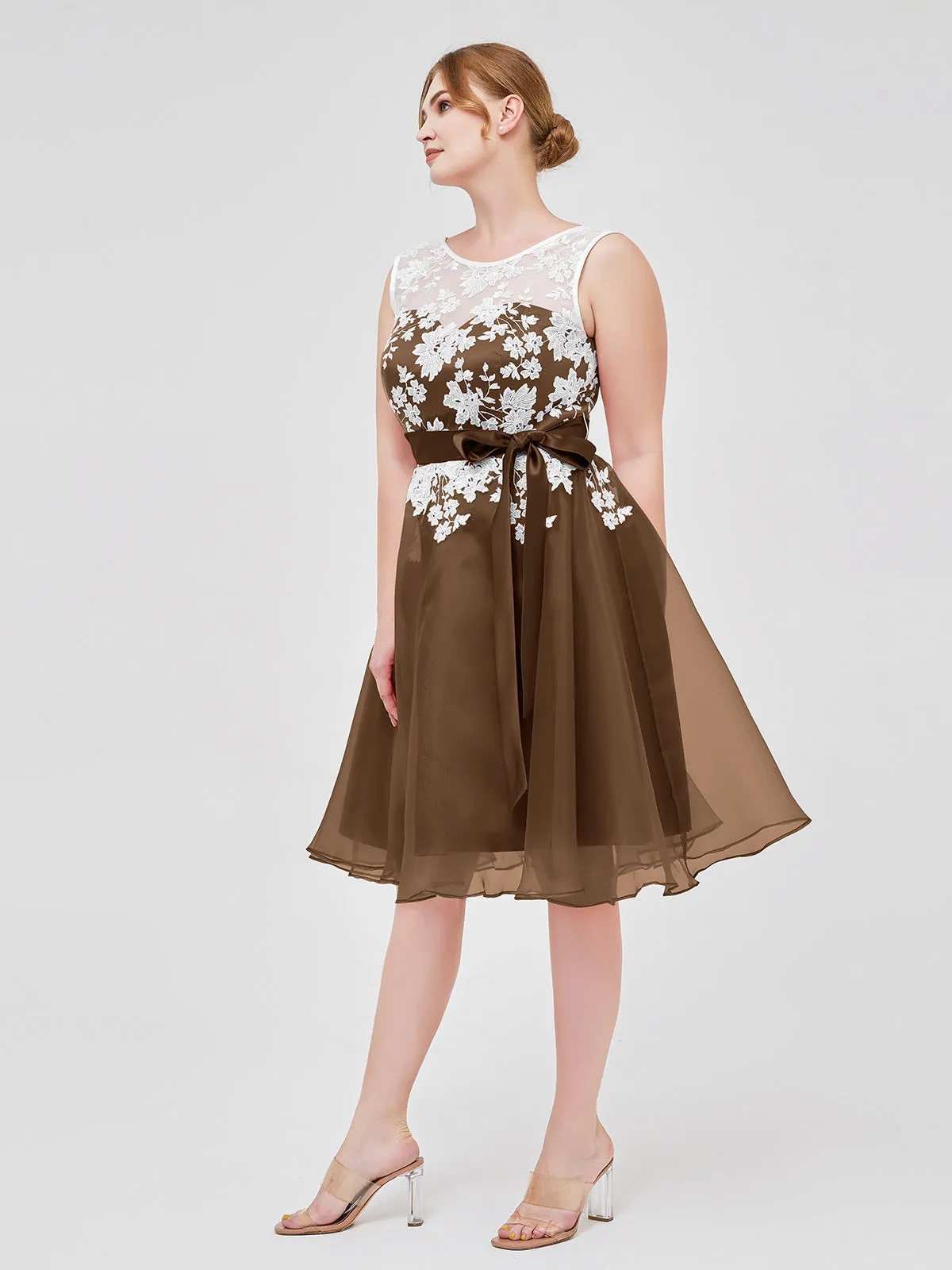 Illusion Neck Organza with Ivory Lace Appliqued Brown