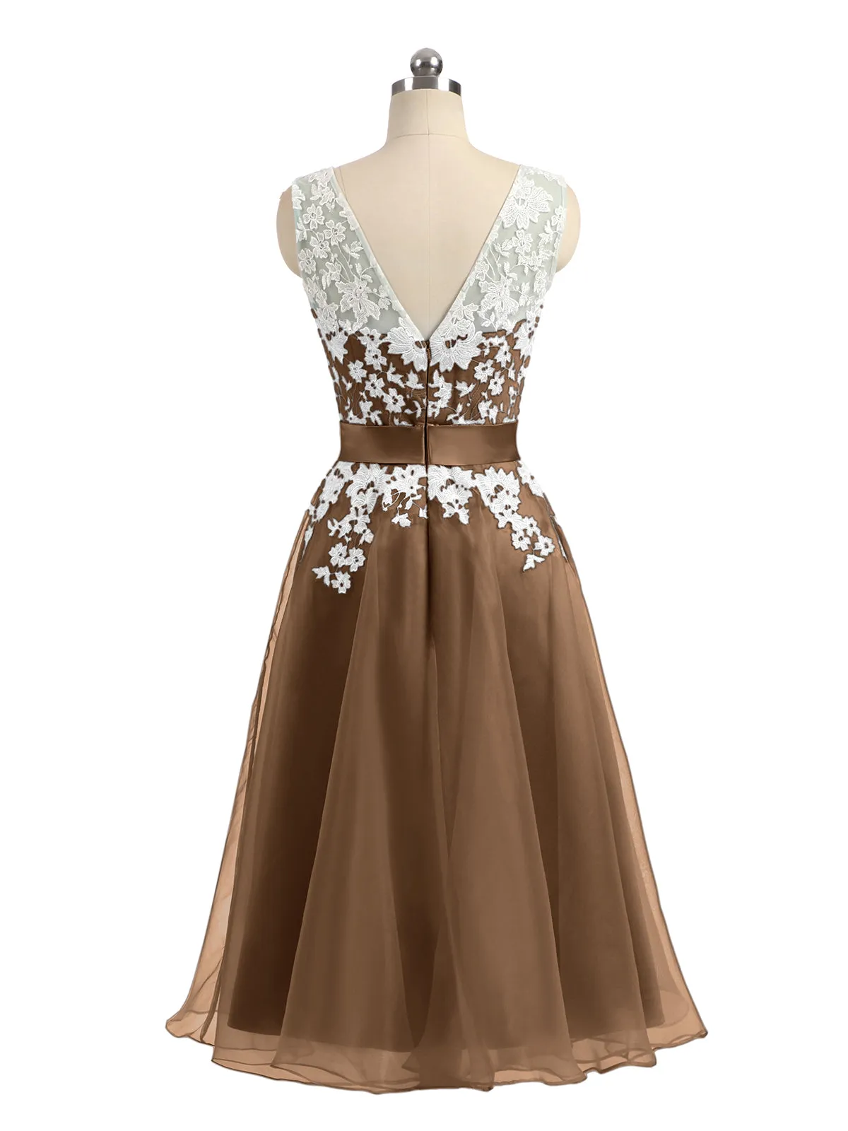 Illusion Neck Organza with Ivory Lace Appliqued Brown