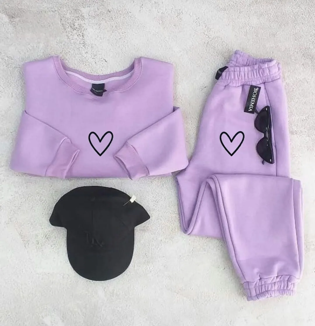 LILAC SWEATSHIRT WITH LILAC TROUSER WITH UNFILLED HEARTS