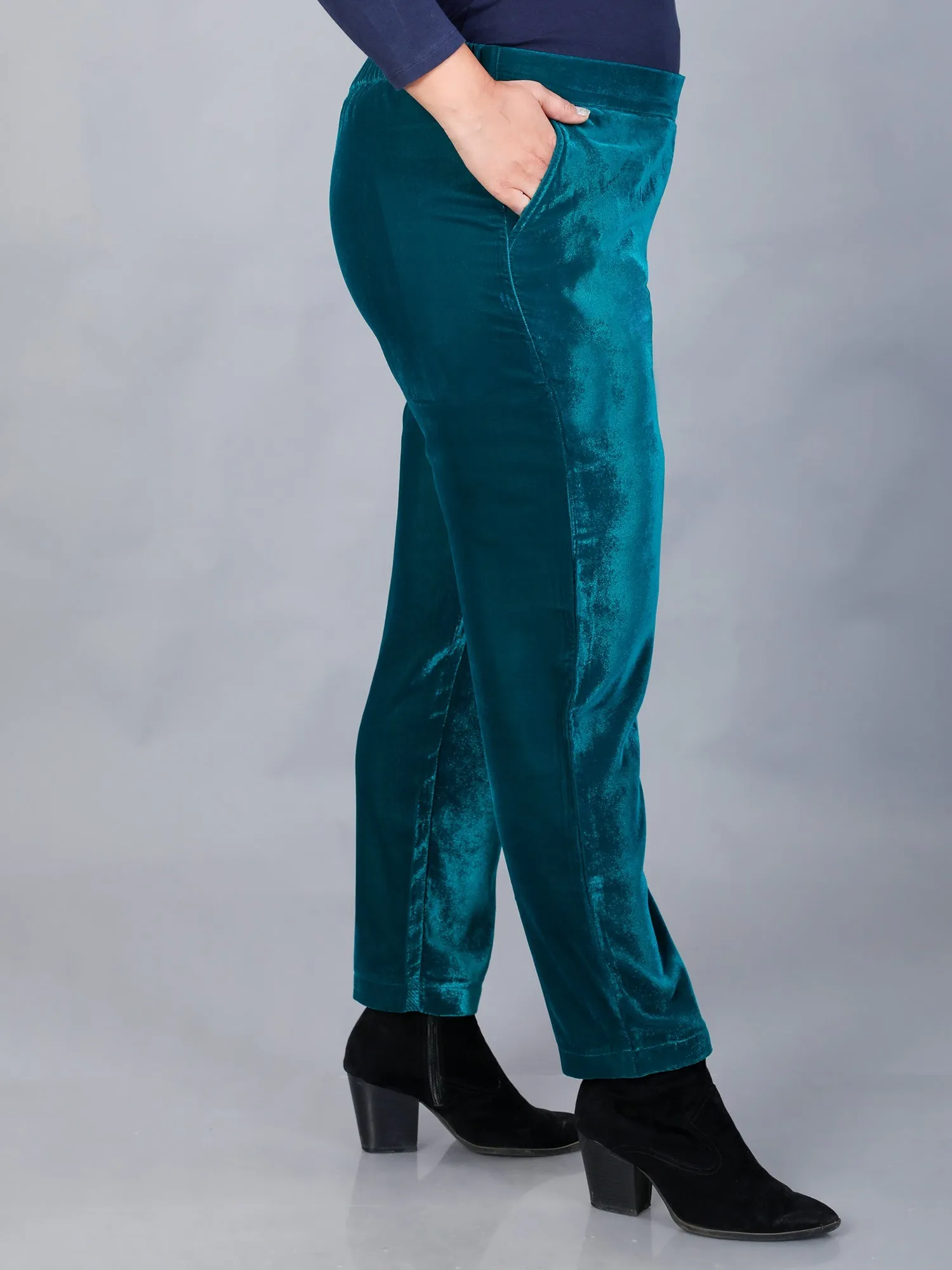 Makhfi Teal Velvet Straight Pant Only