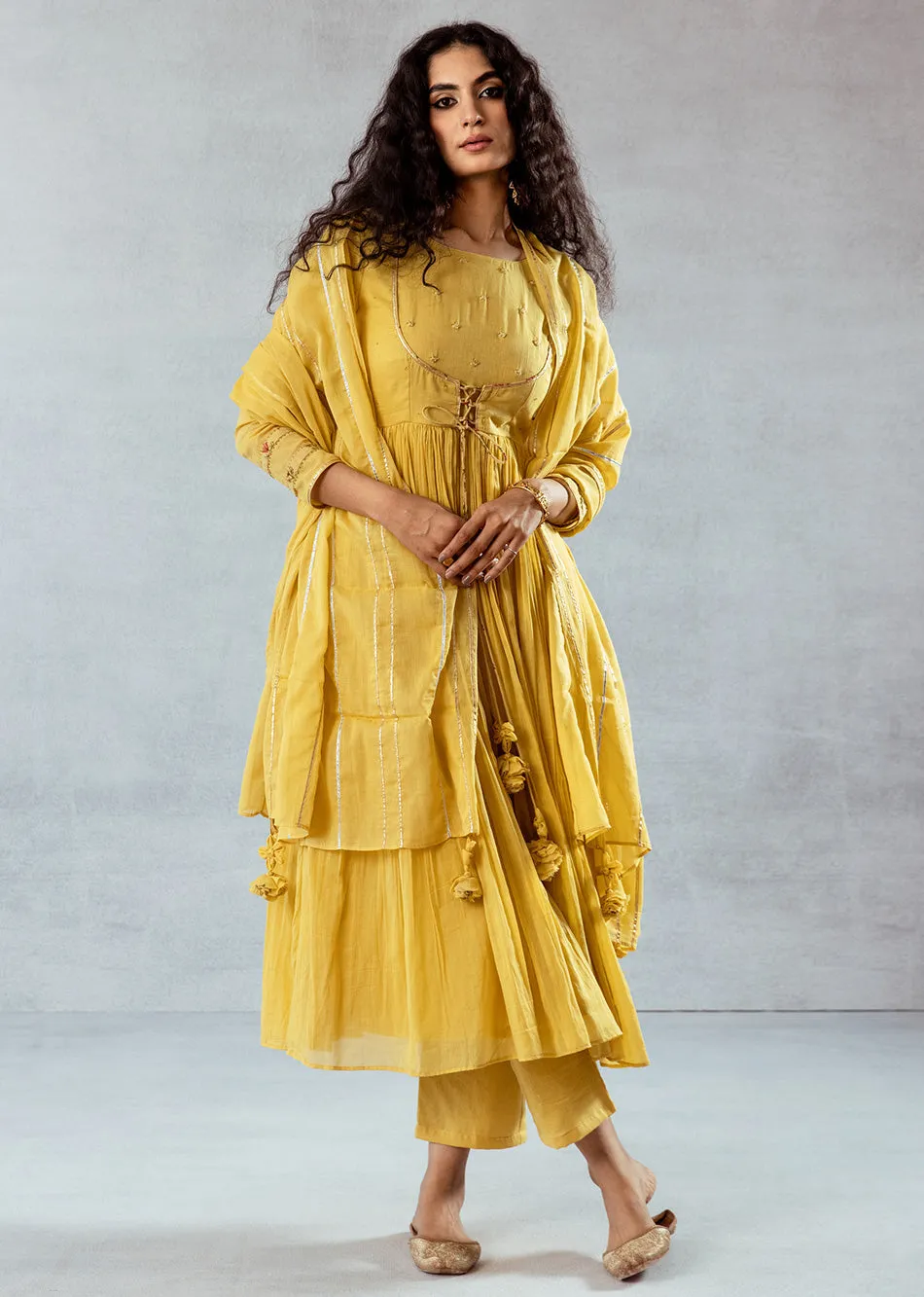 Mellow Mustard Mulmul & Cotton Jacket Anarkali Suit Set