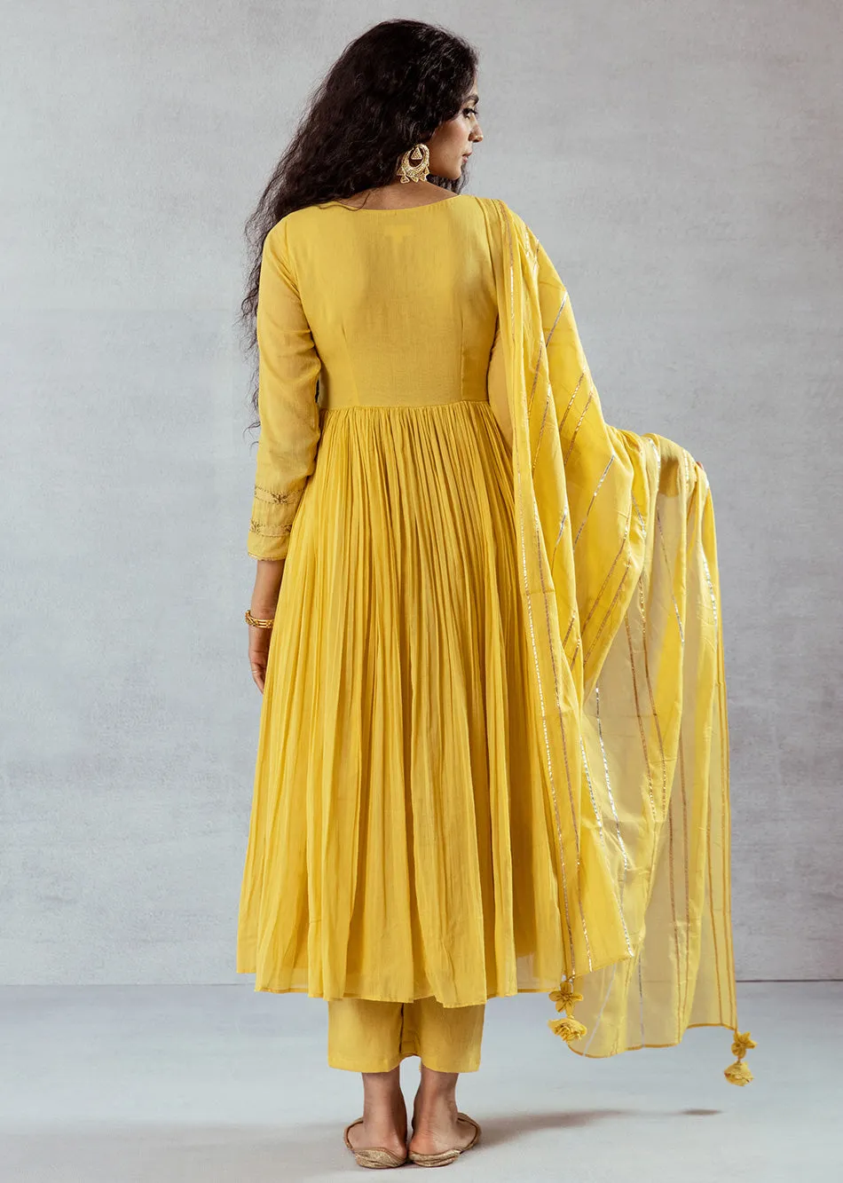 Mellow Mustard Mulmul & Cotton Jacket Anarkali Suit Set