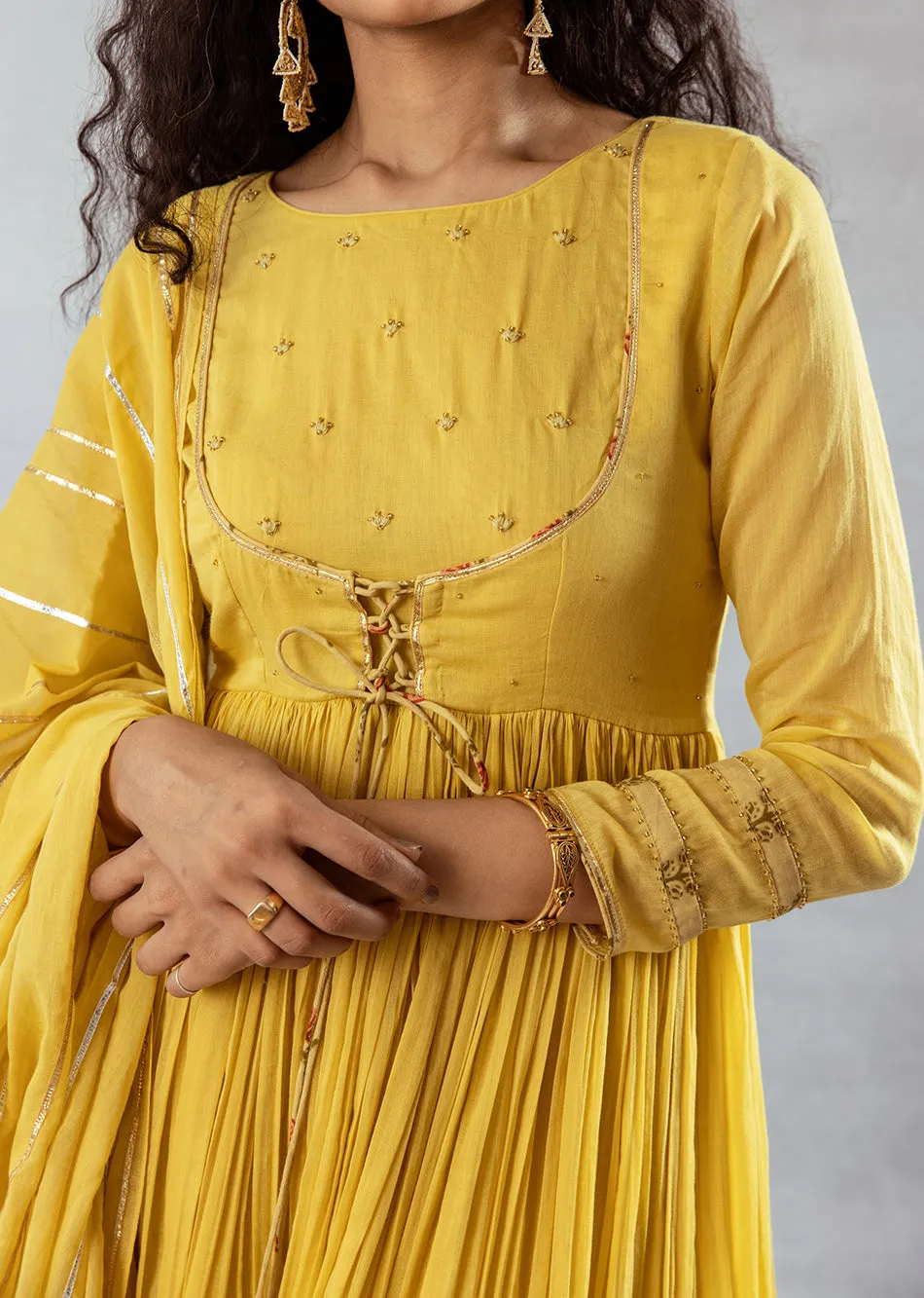 Mellow Mustard Mulmul & Cotton Jacket Anarkali Suit Set