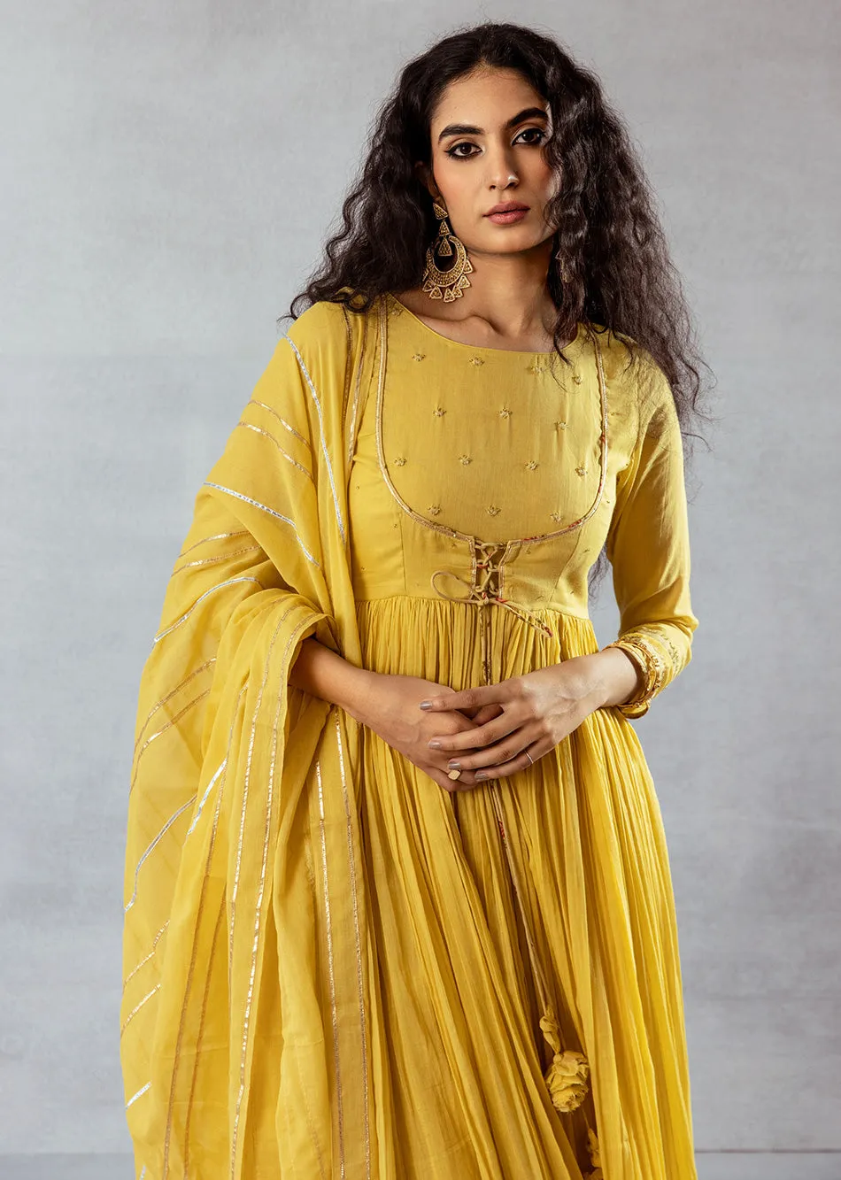 Mellow Mustard Mulmul & Cotton Jacket Anarkali Suit Set