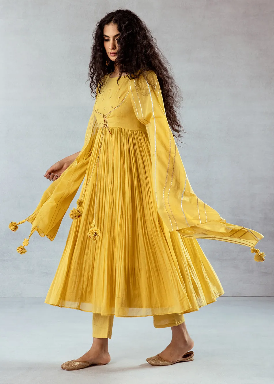 Mellow Mustard Mulmul & Cotton Jacket Anarkali Suit Set