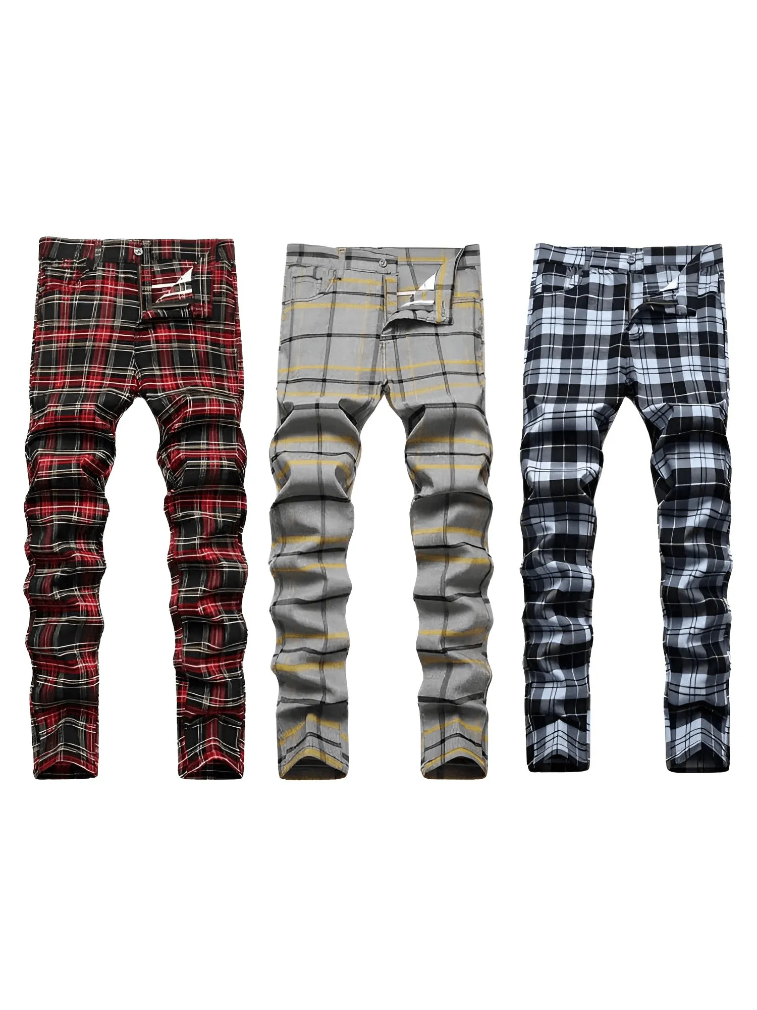 Men's Casual Plaid Pants High Stretch Straight Leg Trousers Slim Fit