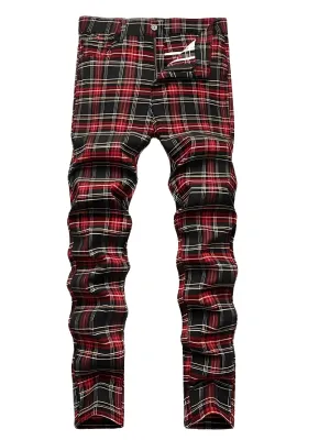 Men's Casual Plaid Pants High Stretch Straight Leg Trousers Slim Fit