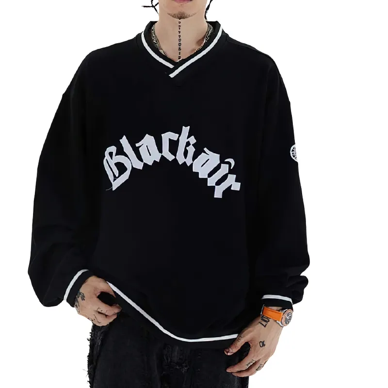 Men's V-Neck Letter Patch Baseball Sweatshirt / Casual Loose Pullover