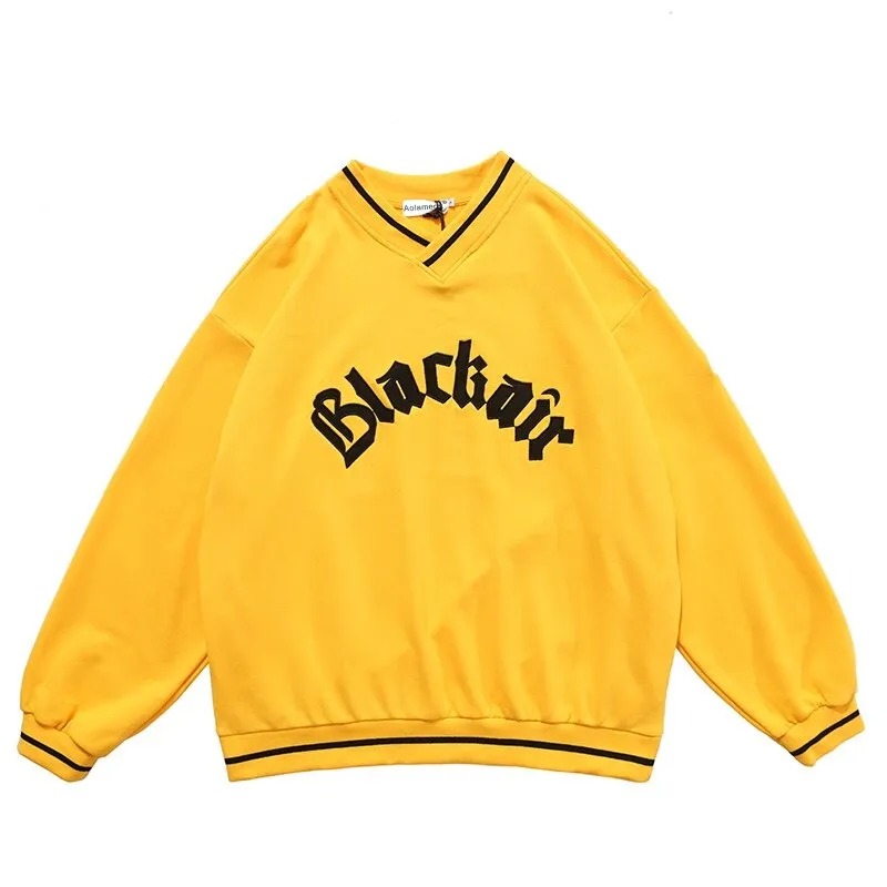 Men's V-Neck Letter Patch Baseball Sweatshirt / Casual Loose Pullover