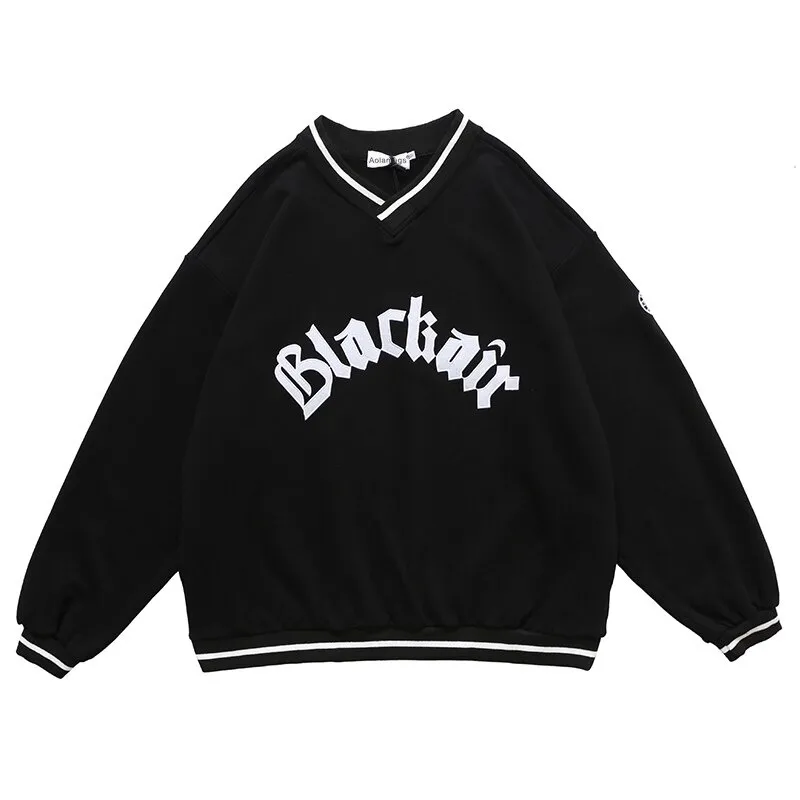 Men's V-Neck Letter Patch Baseball Sweatshirt / Casual Loose Pullover