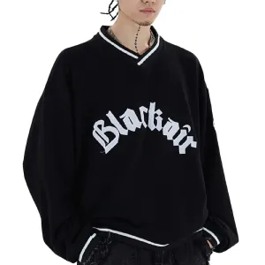 Men's V-Neck Letter Patch Baseball Sweatshirt / Casual Loose Pullover