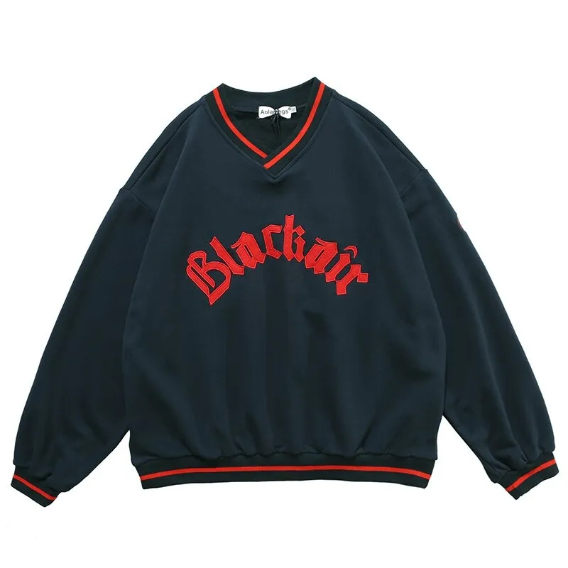 Men's V-Neck Letter Patch Baseball Sweatshirt / Casual Loose Pullover