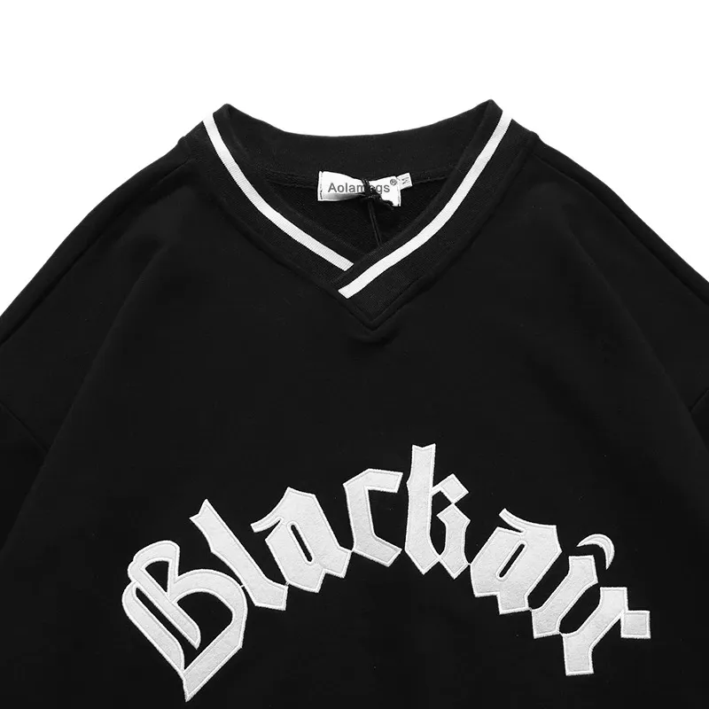 Men's V-Neck Letter Patch Baseball Sweatshirt / Casual Loose Pullover