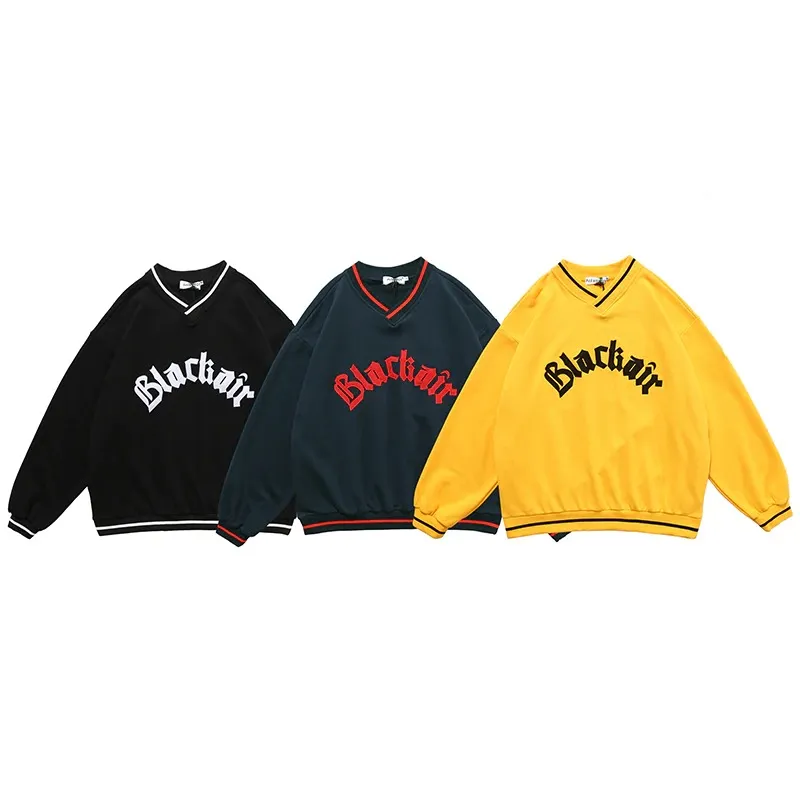 Men's V-Neck Letter Patch Baseball Sweatshirt / Casual Loose Pullover