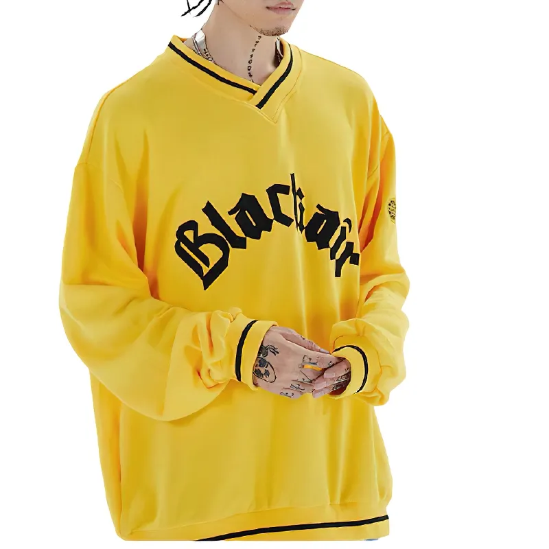 Men's V-Neck Letter Patch Baseball Sweatshirt / Casual Loose Pullover