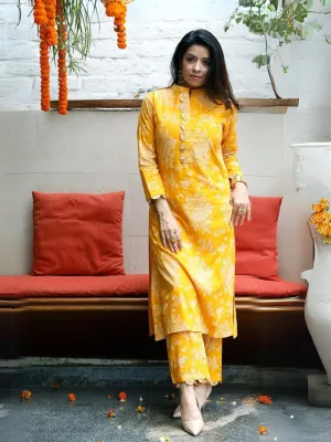 Mishri Yellow Khadi Print Kurta & Pant with Gota Details