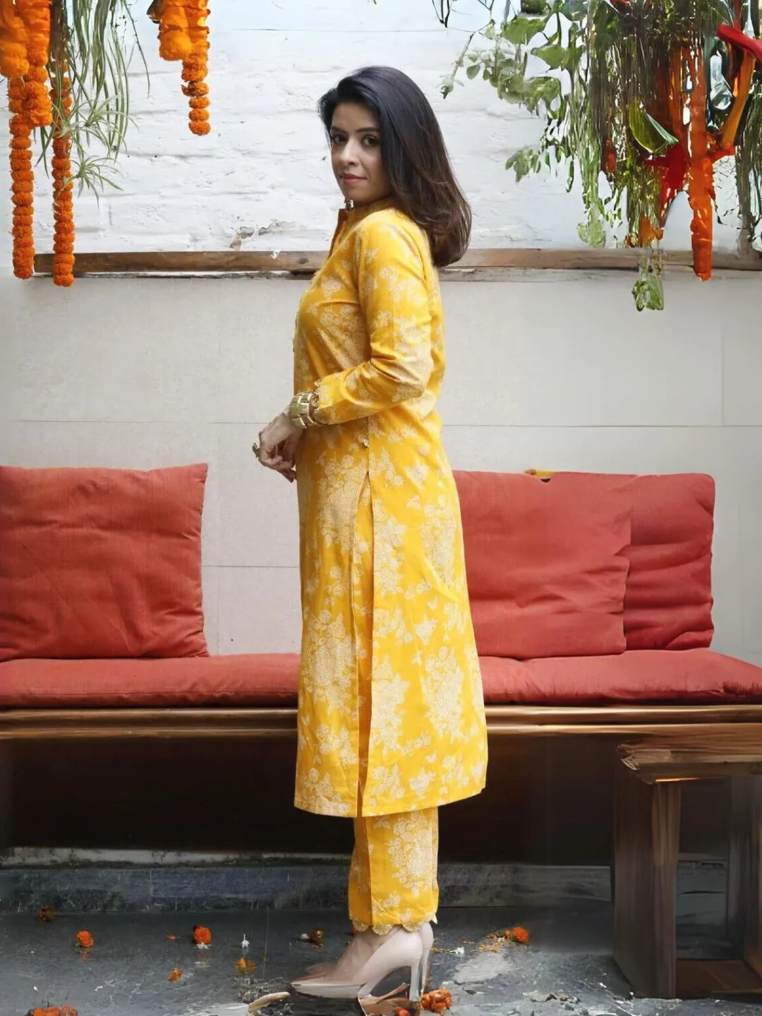 Mishri Yellow Khadi Print Kurta & Pant with Gota Details