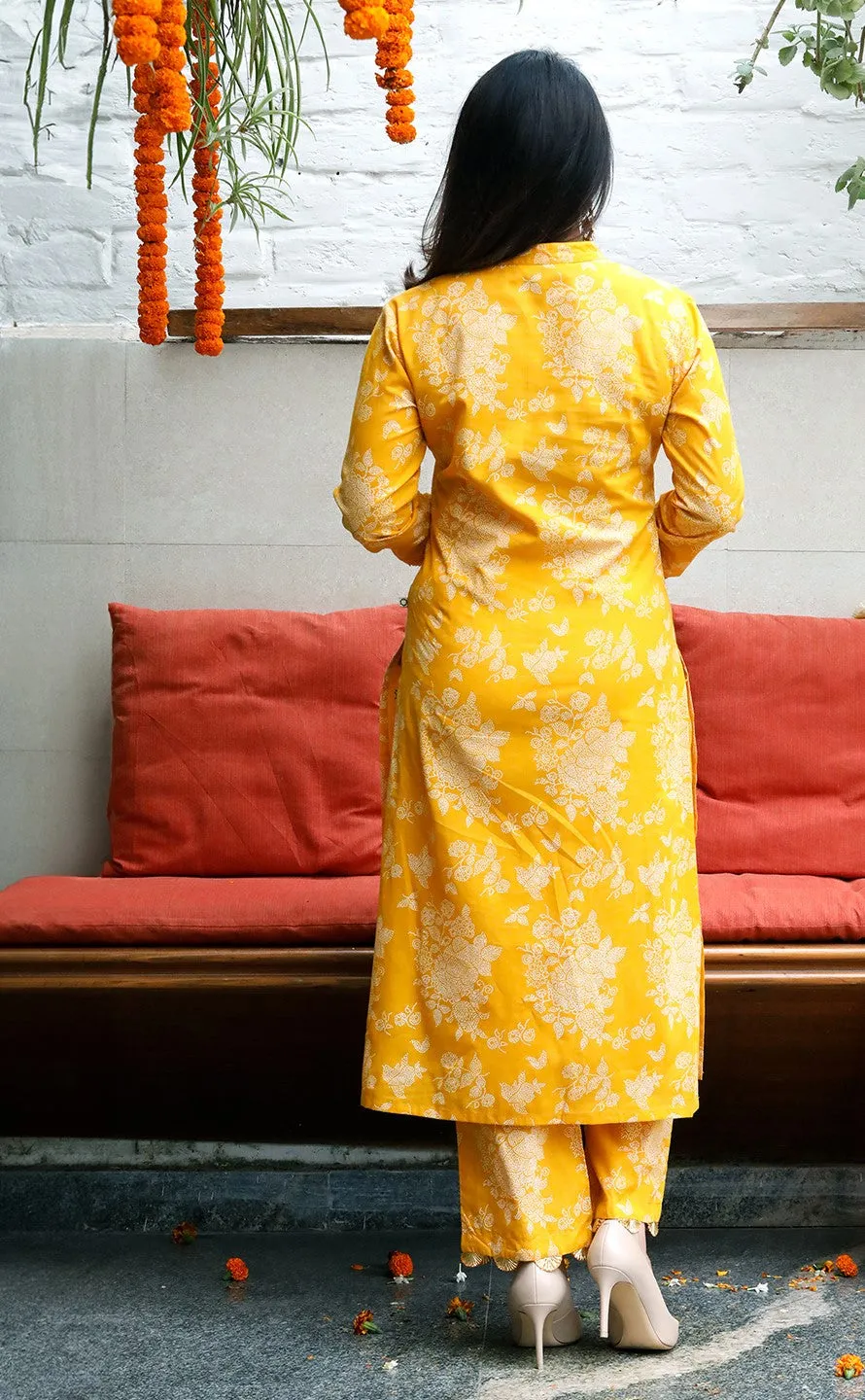 Mishri Yellow Khadi Print Kurta & Pant with Gota Details