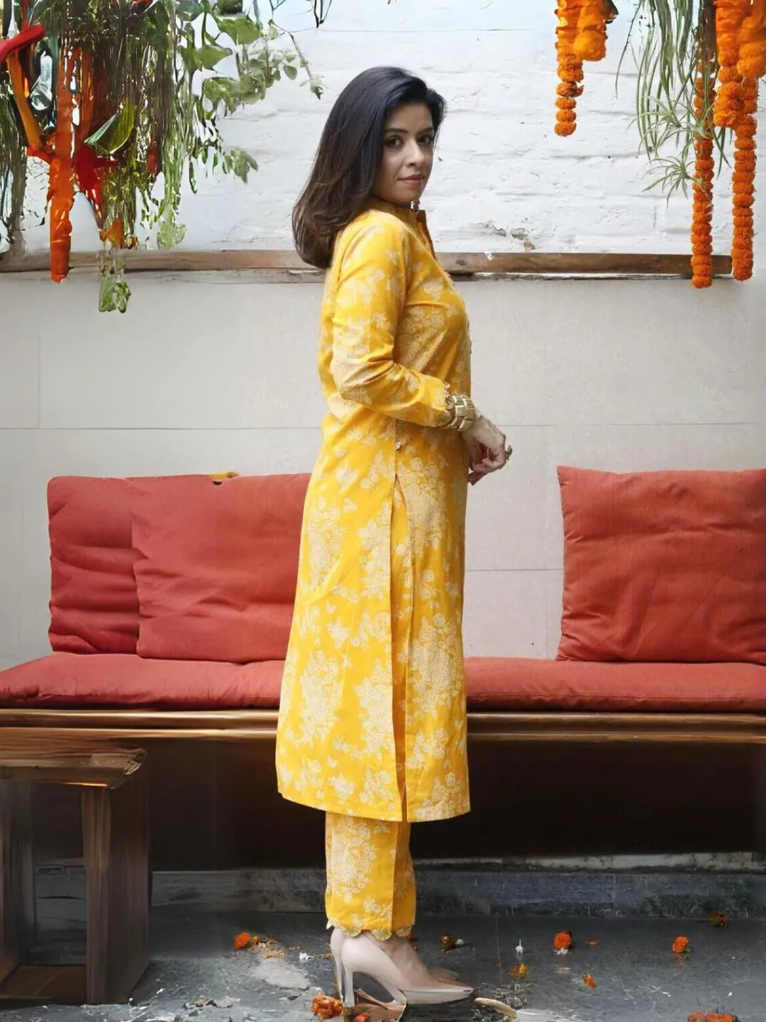 Mishri Yellow Khadi Print Kurta & Pant with Gota Details