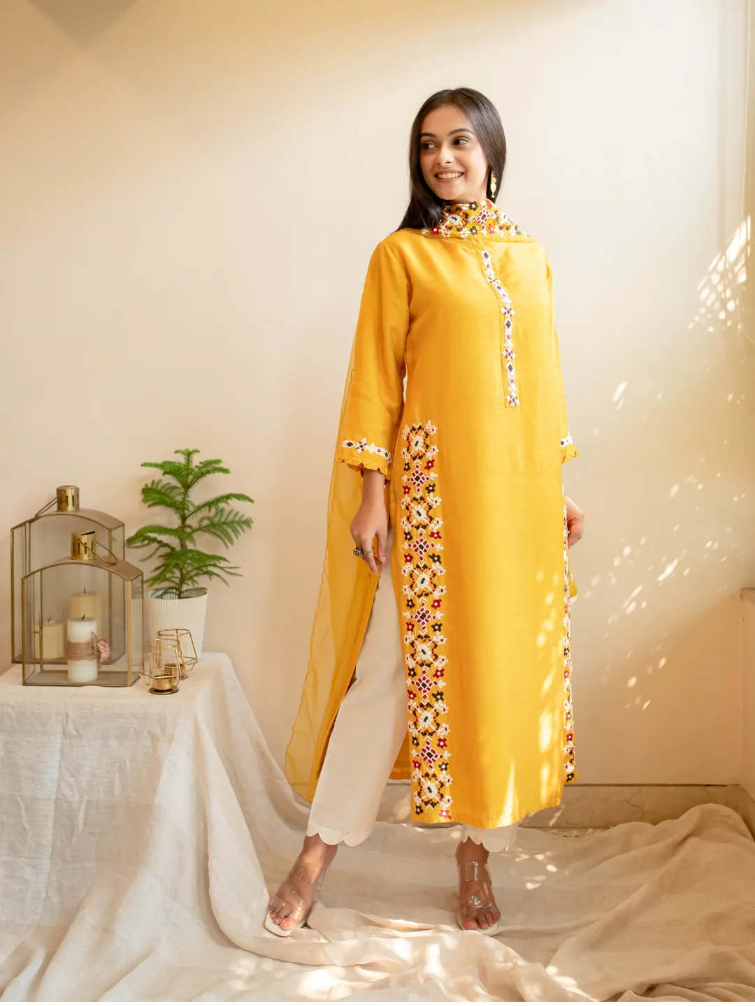 Mustard & White Silk Ikkat Thread Embroidered Kurta Set