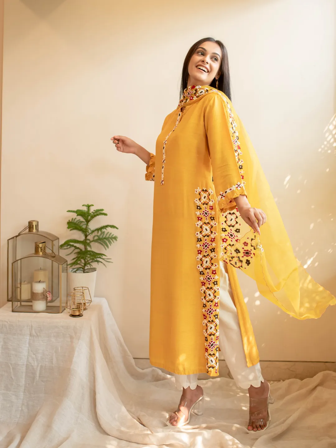 Mustard & White Silk Ikkat Thread Embroidered Kurta Set