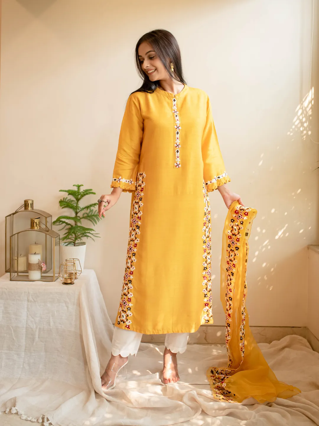 Mustard & White Silk Ikkat Thread Embroidered Kurta Set