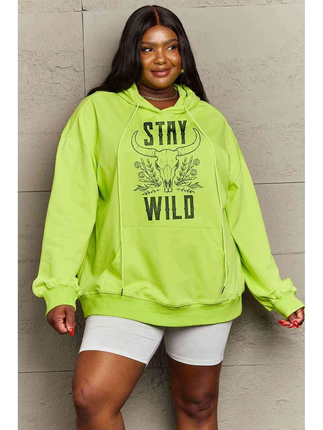 NicholesGifts Women Simply Love Full Size Stay Wild Graphic Lime Colored Hoodie