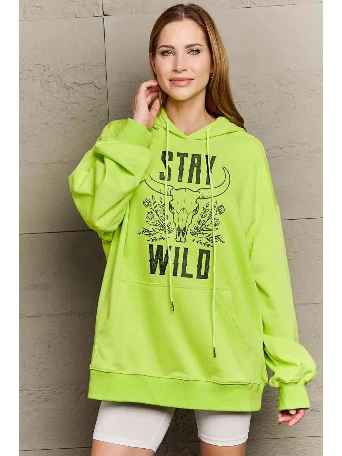 NicholesGifts Women Simply Love Full Size Stay Wild Graphic Lime Colored Hoodie