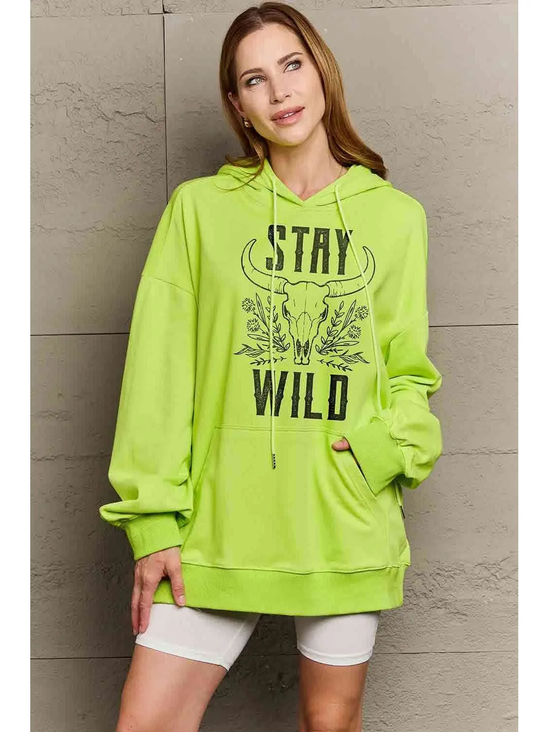 NicholesGifts Women Simply Love Full Size Stay Wild Graphic Lime Colored Hoodie