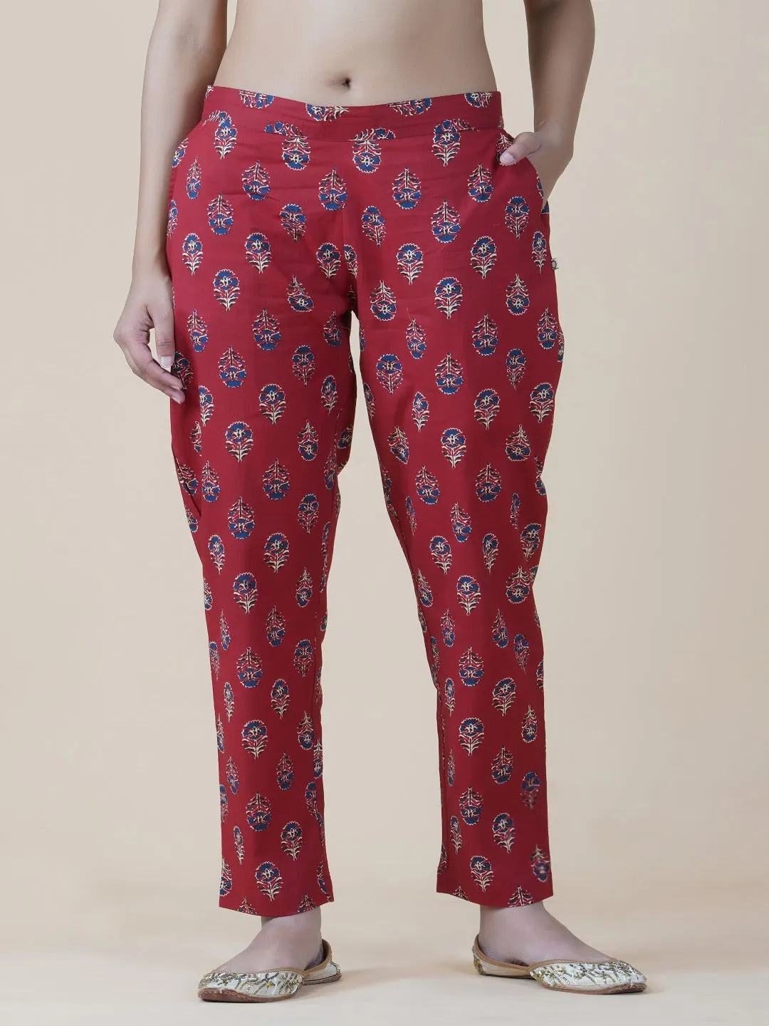 Red Ajrakh Print Straight Pants