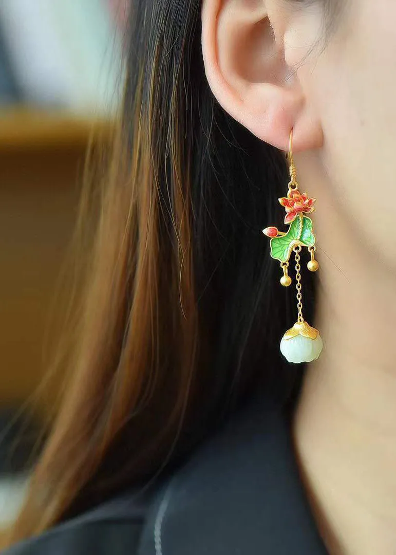 Retro Jade Tassel Lotus Metal Drop Earrings