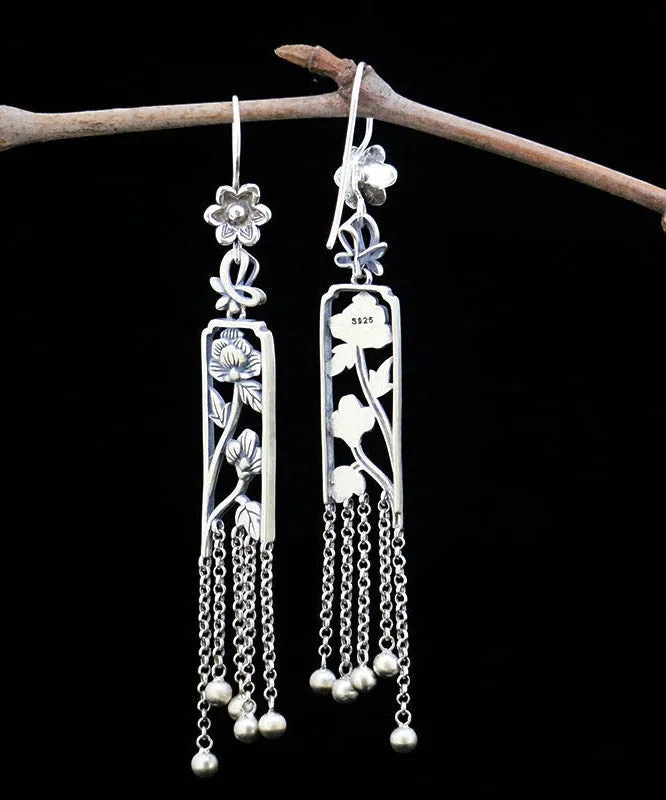 Retro Silk Sterling Silver Hollow Out Peony Tassel Drop Earrings