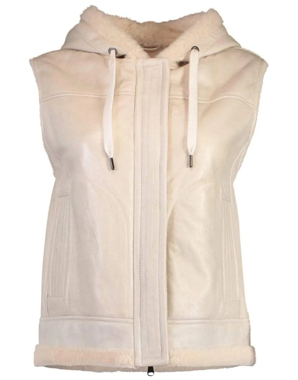 Shearling and Leather Hooded Zip Up Vest