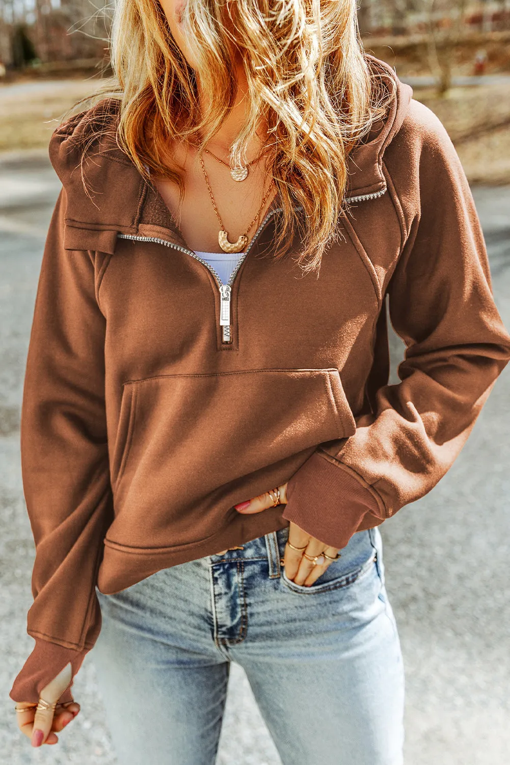 Shoreline Boutique Double Take Half-Zip Thumbhole Sleeve Hoodie