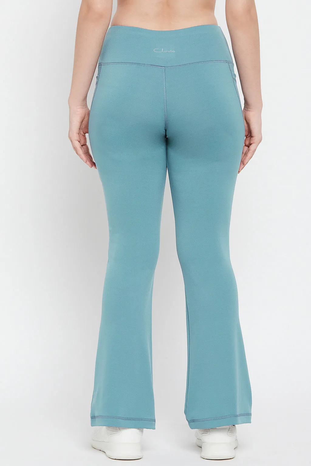 Sky Blue Polyamide Flared Yoga Pants With Side Pockets