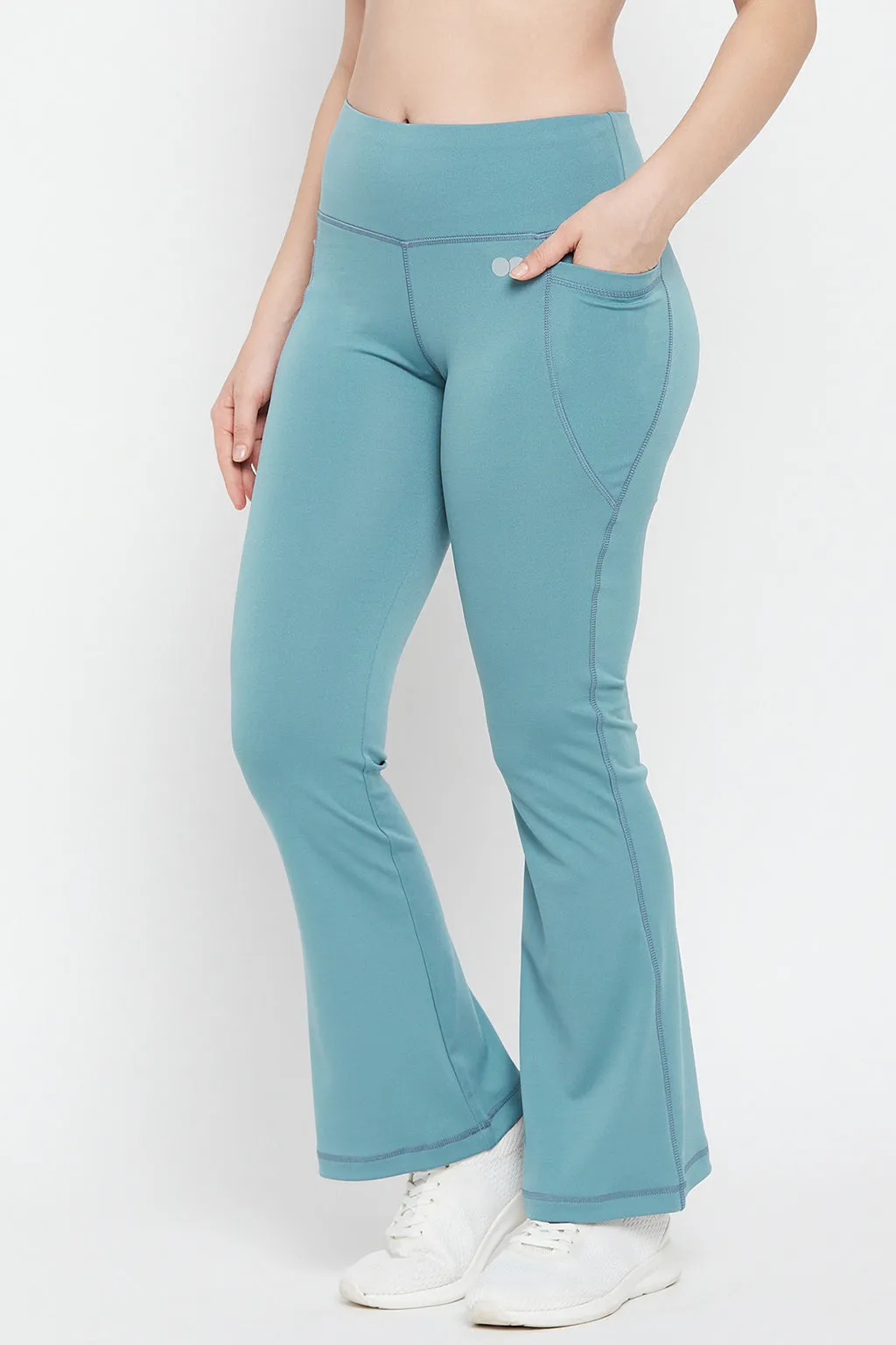 Sky Blue Polyamide Flared Yoga Pants With Side Pockets