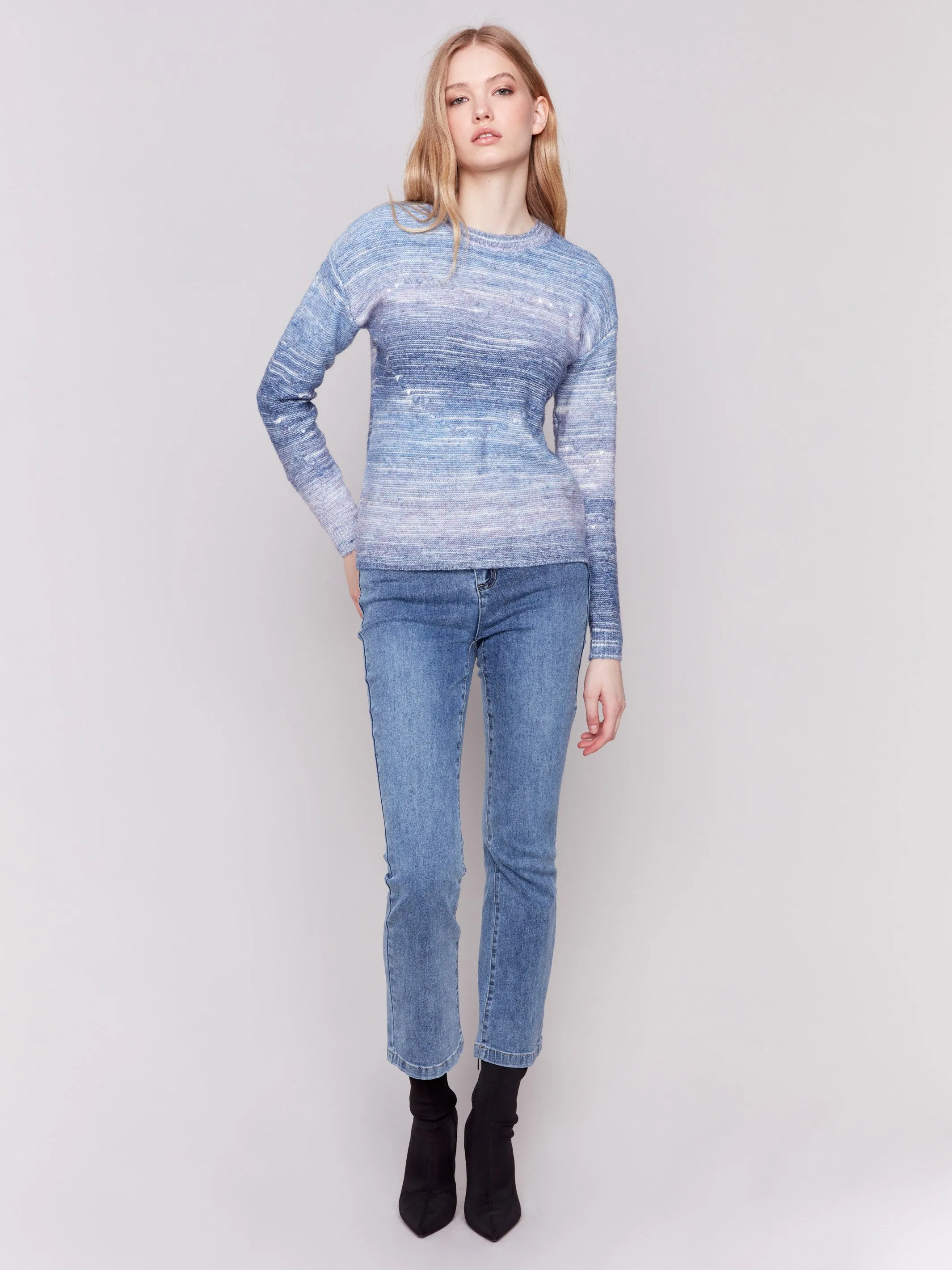 Space Dye Knit Sweater With Drop Shoulders - Blue