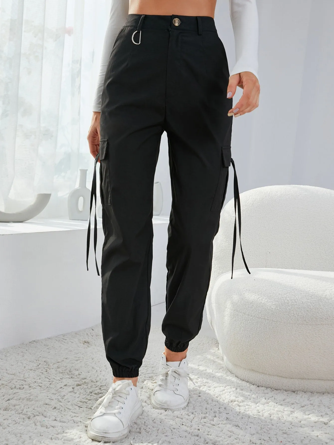 Sporty Plain Pocket Natural Long Women Pants