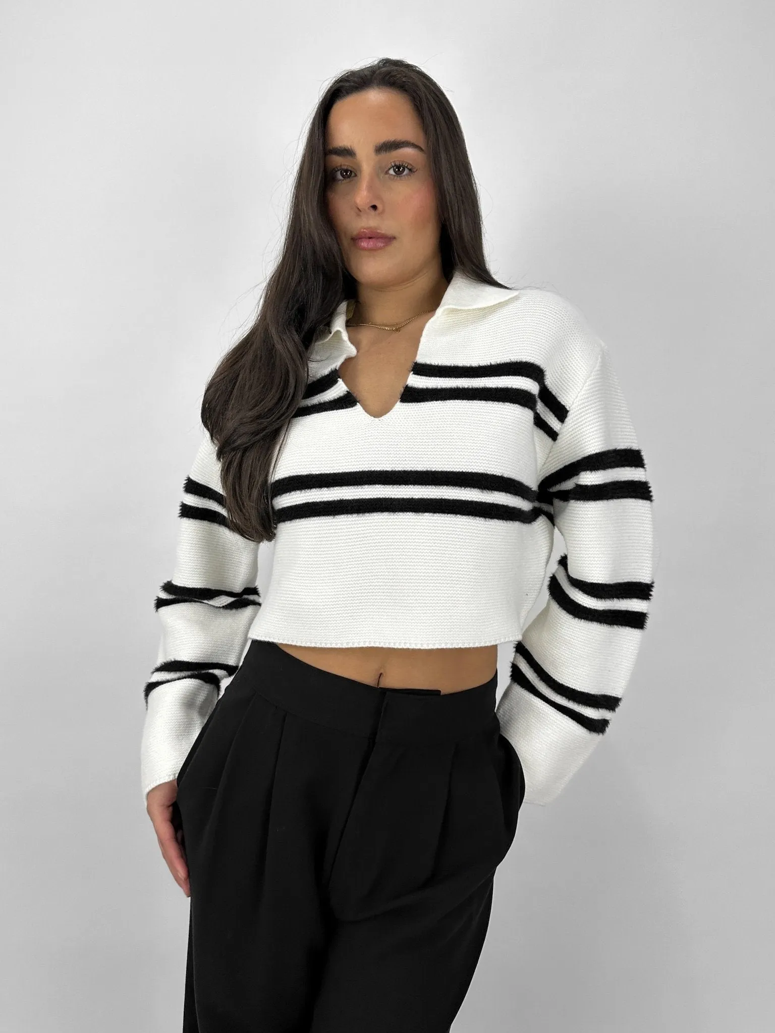 Striped V Neck Collared Sweater